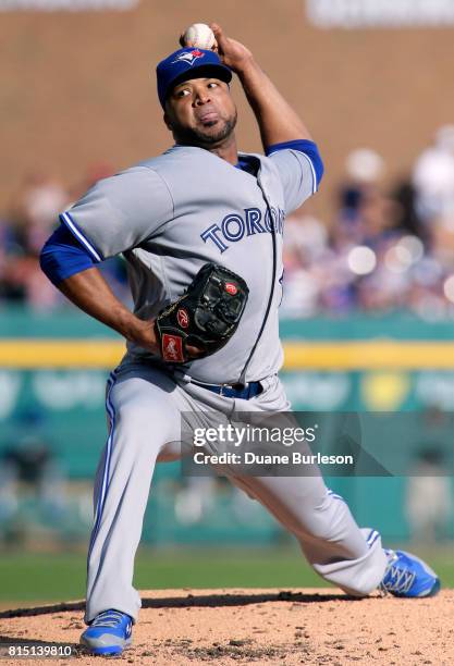 Francisco Liriano of the Toronto Blue Jays pitches against the Detroit Tigers during the second inning at Comerica Park on July 15, 2017 in Detroit,...