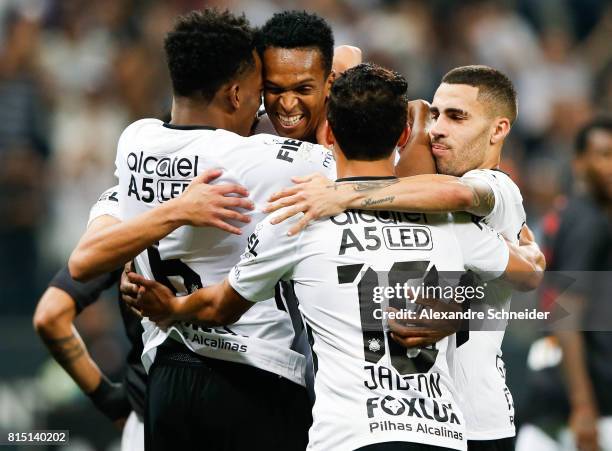 Jo of Corinthians celebrates their second goal during the match between Corinthians and Atletico PR for the Brasileirao Series A 2017 at Arena...