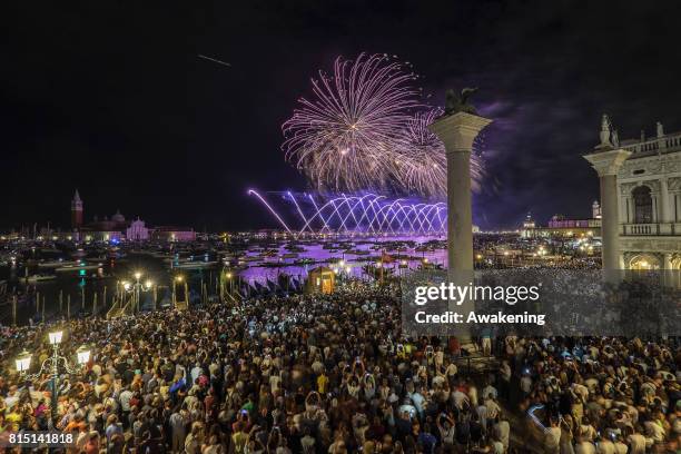 Fireworks explode over the St. Mark's Basin for the Redentore Celebrations on July 15, 2017 in Venice, Italy. Redentore, which is in remembrance of...