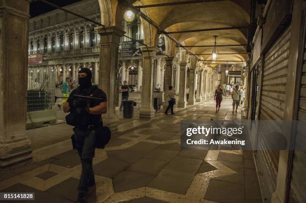 Police patrols St. Mark square before the firewrks show during the Redentore Celebrations on July 15, 2017 in Venice, Italy. Redentore, which is in...