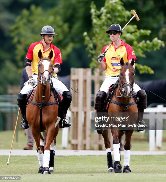 Prince Harry and Prince William, Duke of Cambridge play in the Jerudong Park Trophy charity polo match at Cirencester Park Polo Club on July 15, 2017...