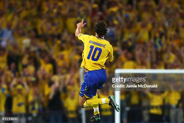 Zlatan Ibrahimovic of Sweden celebrates scoring the opening goal during the UEFA EURO 2008 Group D match between Greece and Sweden at Stadion...
