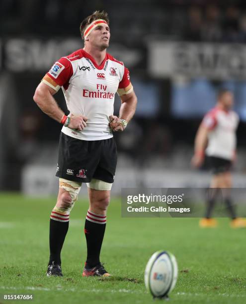 Jaco Kriel of the Emirates Lions during the Super Rugby match between Cell C Sharks and Emirates Lions at Growthpoint Kings Park on July 15, 2017 in...