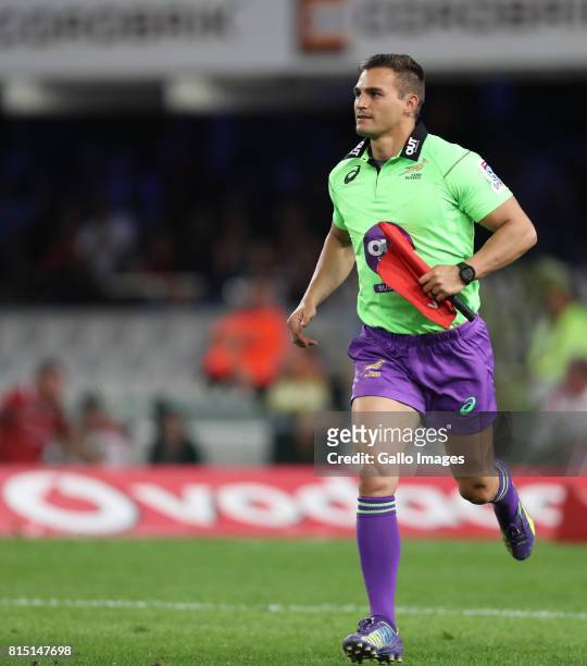 Assistant Referee:AJ Jacobs during the Super Rugby match between Cell C Sharks and Emirates Lions at Growthpoint Kings Park on July 15, 2017 in...