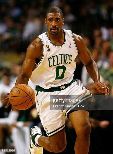 Leon Powe of the Boston Celtics moves the ball in Game Two of the 2008 NBA Finals against the Los Angeles Lakers on June 8, 2008 at TD Banknorth...