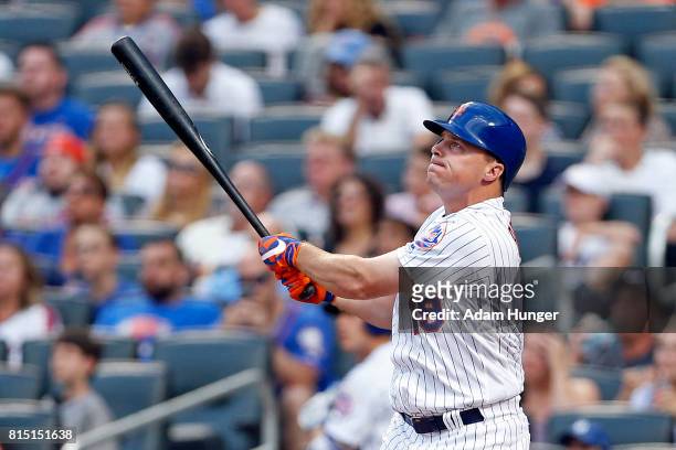 Jay Bruce of the New York Mets watches his three-run home run during the first inning against the Colorado Rockies at Citi Field on July 15, 2017 in...