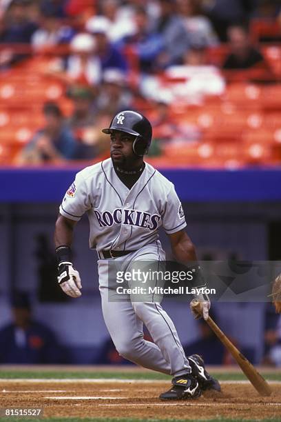 Eric Young of the Colorado Rockies bats during a baseball game against the New York Mets on May 1, 1997 at Shea Stadium in New York, New York.