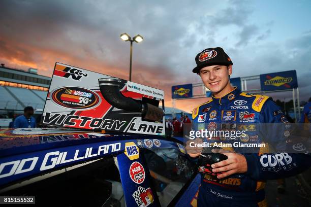 Todd Gilliland, driver of the NAPA Auto Parts Toyota, celebrates in victory lane following his NASCAR K&N Pro Series East United Site Services 70...