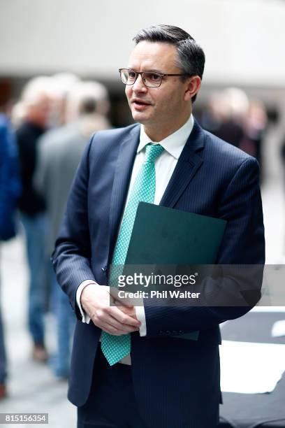 Green Party co-leader James Shaw during the 2017 Green Party Conference at AUT Auckland during the 2017 Green Party Conference on July 16, 2017 in...