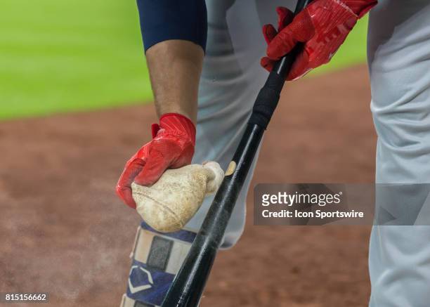 Minnesota Twins relief pitcher Glen Perkins prepares his bat on deck during the MLB game between the Minnesota Twins and Houston Astros on July 14,...