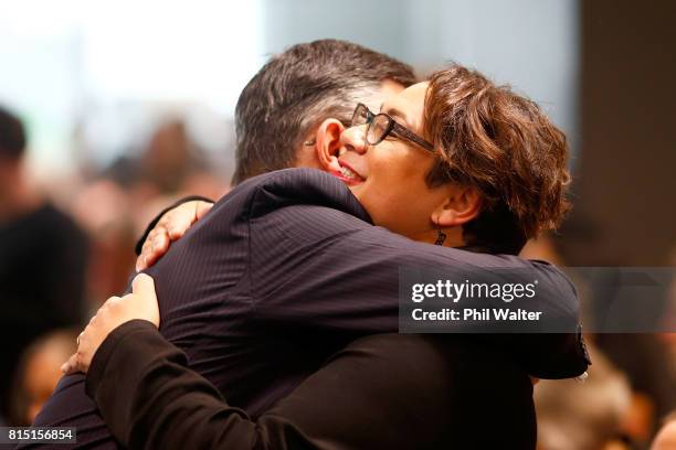 Green Party co-leader James Shaw hugs Metiria Turei during the 2017 Green Party Conference at AUT Auckland during the 2017 Green Party Conference on...