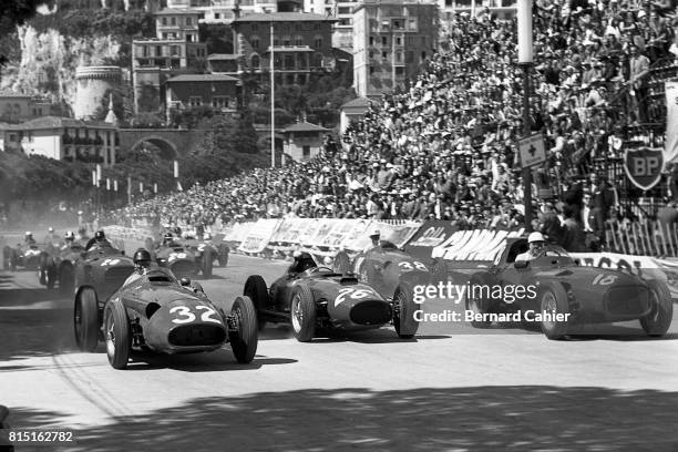 Juan Manuel Fangio, Peter Collins, Stirling Moss, Maserati 250F, Ferrari 801, Grand Prix of Monaco, Monaco, May 19, 1957.