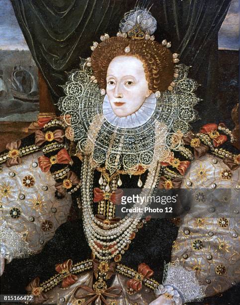 Elizabeth I Queen of England and Ireland from 1558, last Tudor monarch. Version of the Armarda portrait attributed to George Gower c1588.