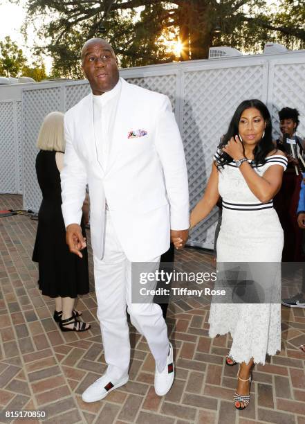 Professional basketball player Magic Johnson and Cookie Johnson at HollyRod Foundation's DesignCare Gala on July 15, 2017 in Pacific Palisades,...