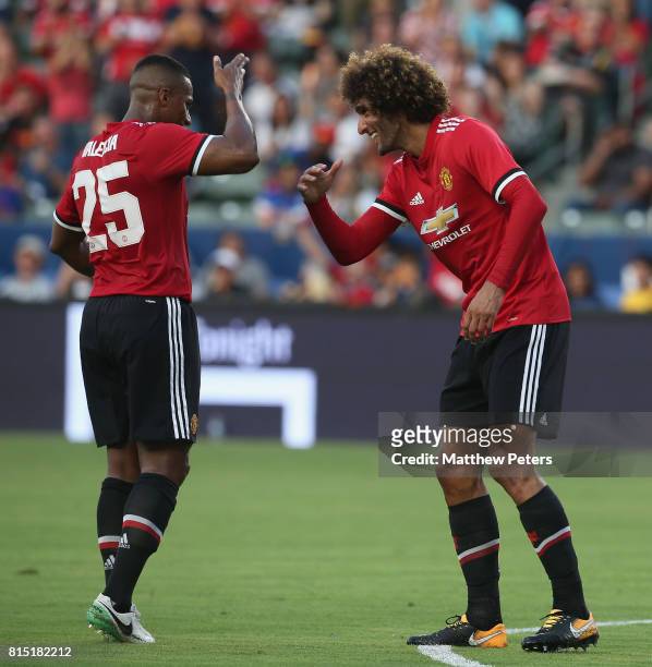 Marouane Fellaini of Manchester United celebrates scoring their third goal during the pre-season friendly match between LA Galaxy and Manchester...