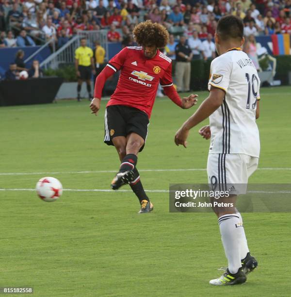 Marouane Fellaini of Manchester United scores their third goal during the pre-season friendly match between LA Galaxy and Manchester United at...