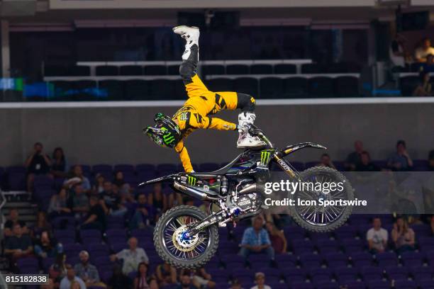 Taka Higashino kicks his leg out during Moto X Freestyle at X Games Minneapolis on July 14, 2017 at U.S. Bank Stadium in Minneapolis, Minnesota.