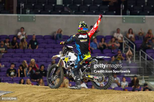 Adam Jones celebrates after his 2nd run during Moto X Freestyle at X Games Minneapolis on July 14, 2017 at U.S. Bank Stadium in Minneapolis,...