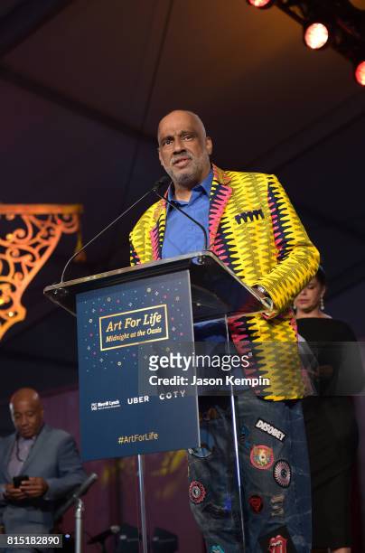 Co-Founder, RUSH Philanthropic Arts Foundation Danny Simmons speaks on stage during "Midnight At The Oasis" Annual Art For Life Benefit hosted by...