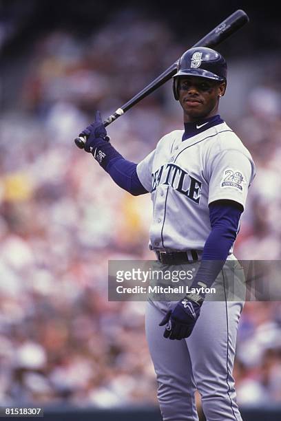 Ken Griffey Jr. #24 of the Seattle Mariners bats during a baseball game against the Baltimore Orioles on August 1, 1987 at Memorial Stadium in...