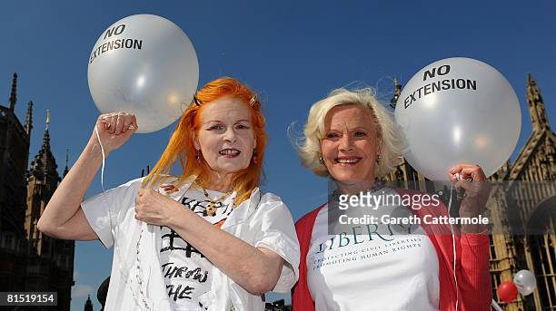 Designer Dame Vivienne Westwood and actress and former Bond girl Honor Blackman attend a protest against the 42 day terror bill outside the Houses of...