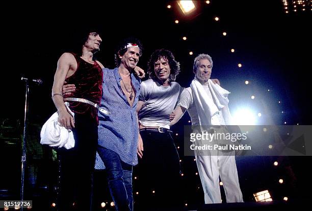 Ron Wood, Keith Richards, Mick Jagger and Charlie Watts of the Rolling Stones on the Voodoo Lounge Tour in 1994 in Cincinnatti, Ohio