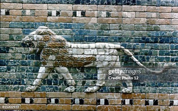 Glazed terracotta lion from the processional way from the Temple of Marduk to the Ishtar Gate, one of the eight fortified gates of Nebuchandrezzar's...