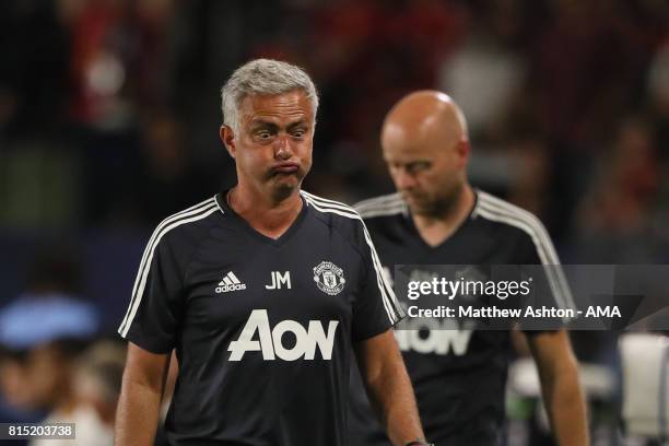 Jose Mourinho the head coach / manager of Manchester United reacts during to the friendly fixture between LA Galaxy and Manchester United at StubHub...