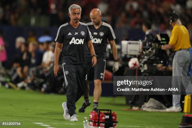 Jose Mourinho the head coach / manager of Manchester United reacts during to the friendly fixture between LA Galaxy and Manchester United at StubHub...