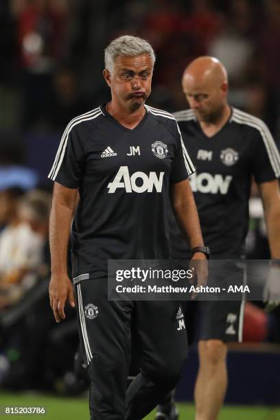 Jose Mourinho the head coach / manager of Manchester United reacts during to the friendly fixture between LA Galaxy and Manchester United at StubHub...