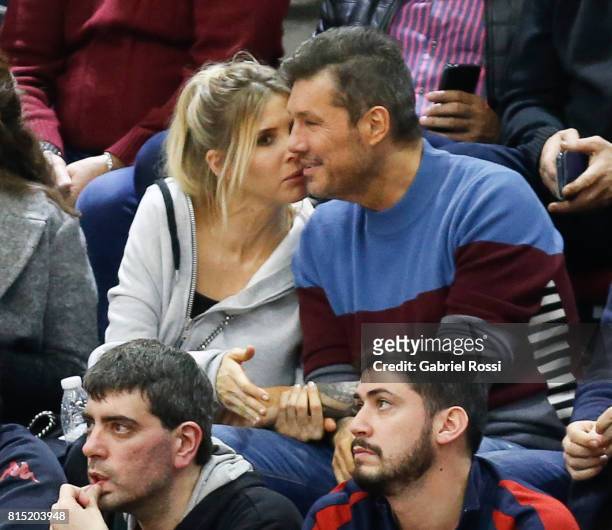 Vice president of San Lorenzo Marcelo Tinelli and Guillermina Valdes are seen in the stands during the fifth game between San Lorenzo and Regatas as...