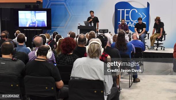 Andrew Petroff; Alberto Vaz, Doug DeAngelis and Jeff Trott speak at a TEC Tracks panel during Summer NAMM Show Music Industry Day at Music City...