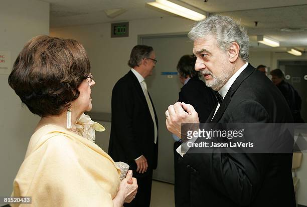 Marta Domingo and Placido Domingo backstage at the "La Rondine" L.A. Opera Opening Night at the Dorothy Chandler Pavilion on June 7, 2008 in Los...