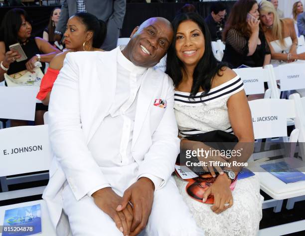 Professional basketball player Magic Johnson and Cookie Johnson at HollyRod Foundation's DesignCare Gala on July 15, 2017 in Pacific Palisades,...