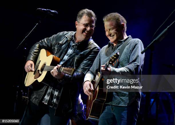 Vince Gil and Don Henley perform onstage with The Eagles during The Classic West at Dodger Stadium on July 15, 2017 in Los Angeles, California.