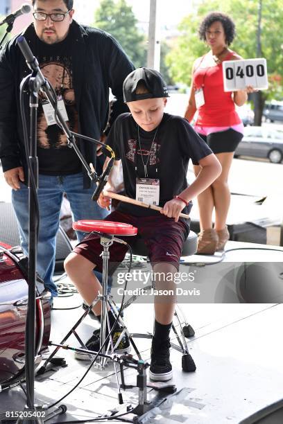 Competitive drummers compete to see who is the fastest drummer during Summer NAMM Show Music Industry Day at Music City Center on July 15, 2017 in...