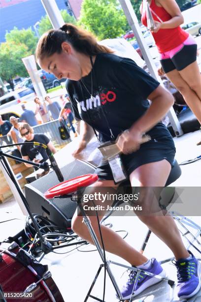 Competitive drummers compete to see who is the fastest drummer during Summer NAMM Show Music Industry Day at Music City Center on July 15, 2017 in...