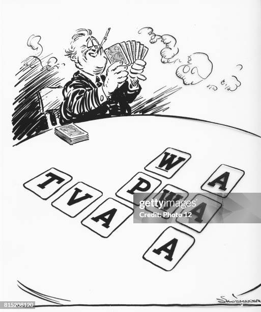 Use in Alphabet agencies as a cartoon parody of FDR's New Deal using alphabet cards of the sort used to teach children to read. 1930s.