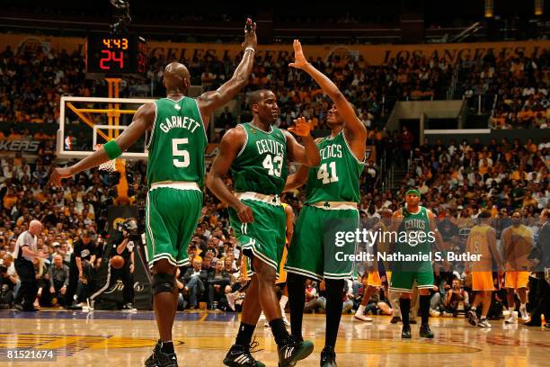 Kevin Garnett, Kendrick Perkins and James Posey of the Los Angeles Lakers in Game Three of the 2008 NBA Finals on June 10, 2008 at Staples Center in...