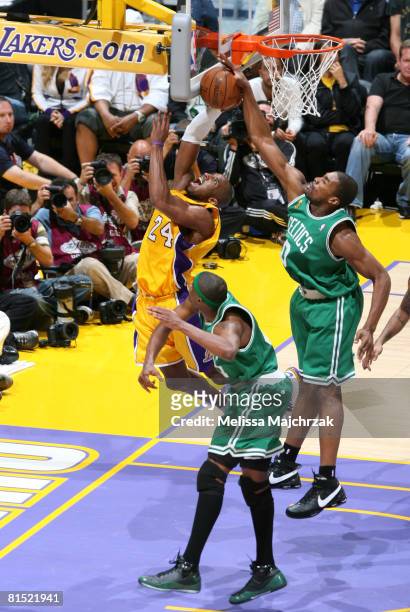 Leon Powe of the Boston Celtics blocks the shot of Kobe Bryant of the Los Angeles Lakers in Game Three of the 2008 NBA Finals at Staples Center on...