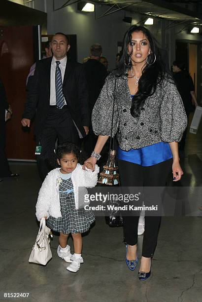 Wife and daughter of Kobe Bryant of the Los Angeles Lakers Vanessa Bryant and Gianna Bryant attend Game Three of the 2008 NBA Finals between the...