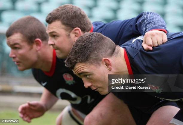England's front row, Andrew Sheridan, Lee Mears and Matt Stevens pack down during the England training session held at North Harbour Stadium on June...