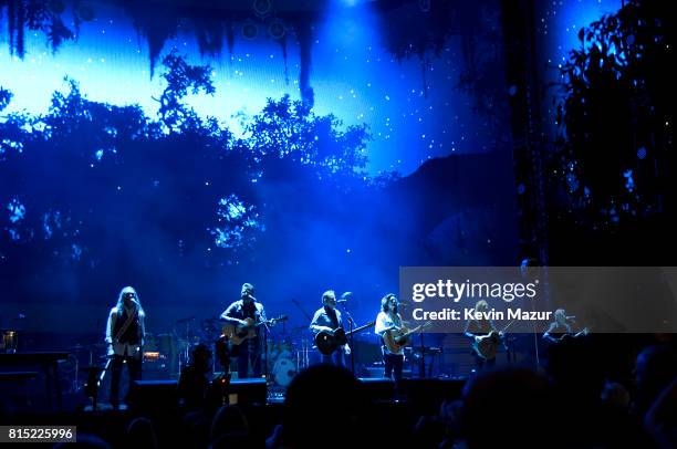 Timothy B. Schmit, Vince Gill, Don Henley, Deacon Frey, Joe Walsh and Stuart Smith perform onstage with The Eagles during The Classic West at Dodger...