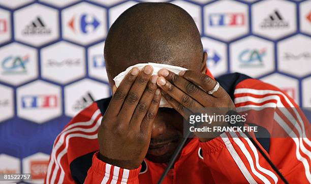 French defender Willial Gallas reatcs during a press conference on June 10, 2008 in Chatel-Saint-Denis. Raymond Domenech drew parallels with France's...