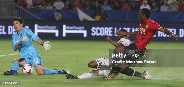 Anthony Martial of Manchester United has a shot on goal during the pre-season friendly match between LA Galaxy and Manchester United at StubHub...