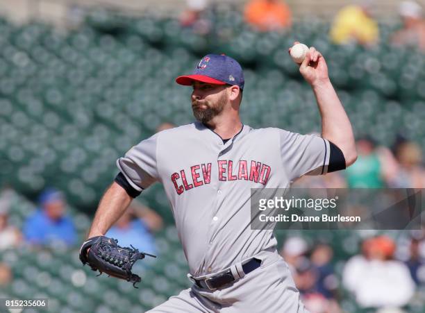 Boone Logan of the Cleveland Indians pitches against the Detroit Tigers at Comerica Park on July 2, 2017 in Detroit, Michigan.
