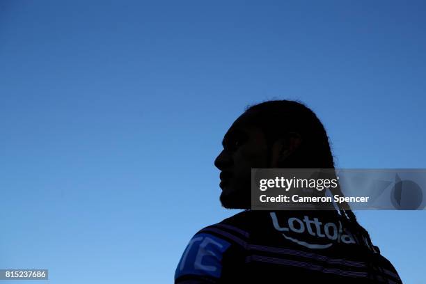 Martin Taupau of the Sea Eagles looks on during the round 19 NRL match between the Manly Sea Eagles and the Wests Tigers at Lottoland on July 16,...