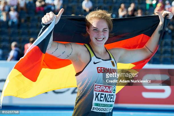Alina Kenzel from Germany celebrates her bronze medal in women's shot put final during Day 3 of European Athletics U23 Championships 2017 at Zawisza...