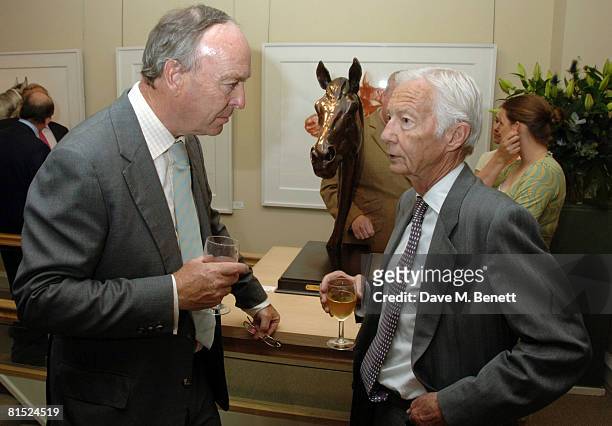 Jockey Club Senior Steward Julian Richmond-Watson and retired English jockey Lester Piggott attend the first major exhibition of sculptures and...