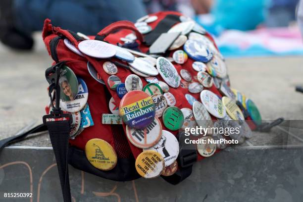 Duffel bag with buttons at a Refuse Racism rally in Philadelphia, Pennsylvania, on July 15, 2017.